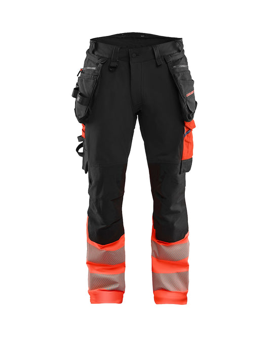 High Vis werkbroek 4-weg stretch ZWART/HIGH VIS ROOD