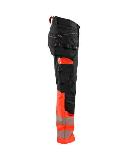 High Vis werkbroek 4-weg stretch ZWART/HIGH VIS ROOD
